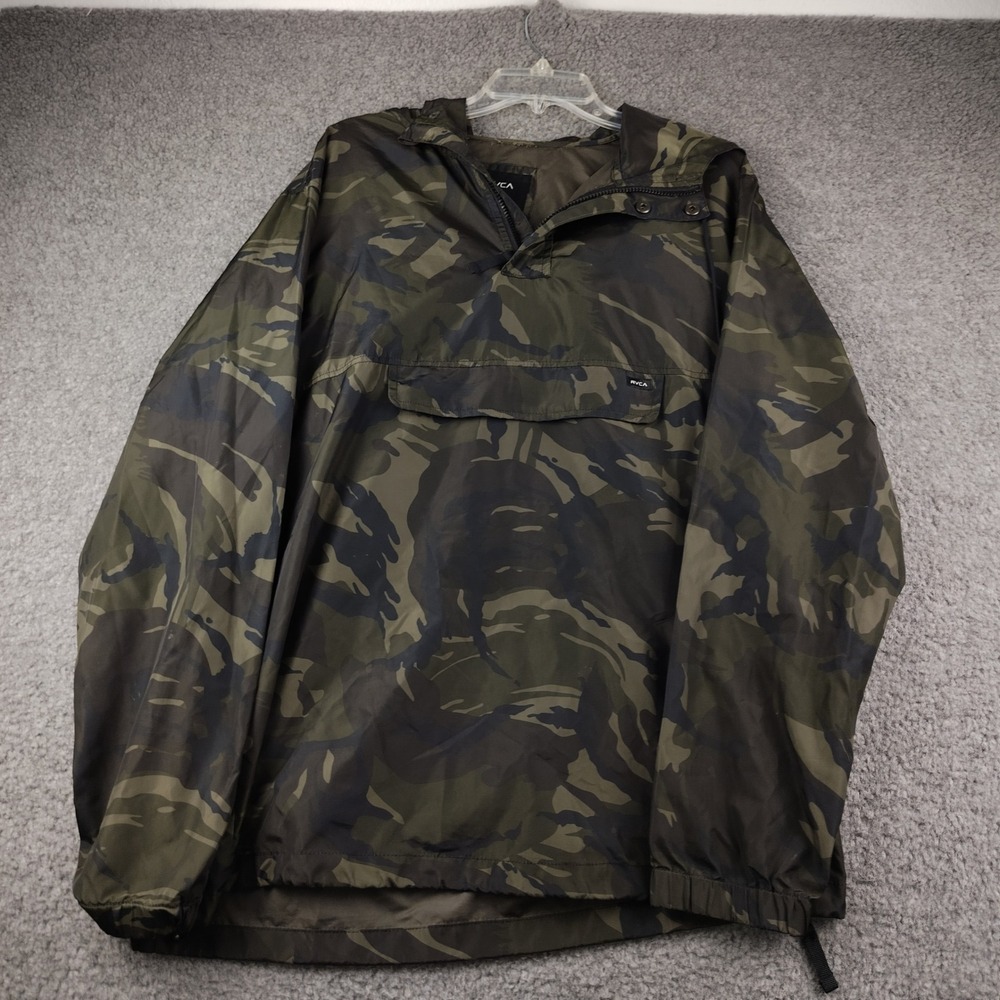 RVCA Anorak Jacket Mens Large Camo 1/4 Zip Hooded Windbreaker EUC
